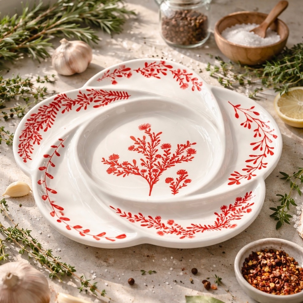 Hand painted, Divided Appetizer Dessert Serving Dish/ Ceramic